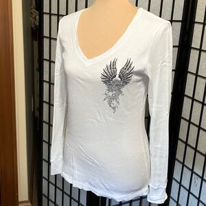 🇺🇸 HARLEY-DAVIDSON LONG SLEEVE V-NECK TOP, MAUI HAWAII, WHITE W/BLACK DESIGN